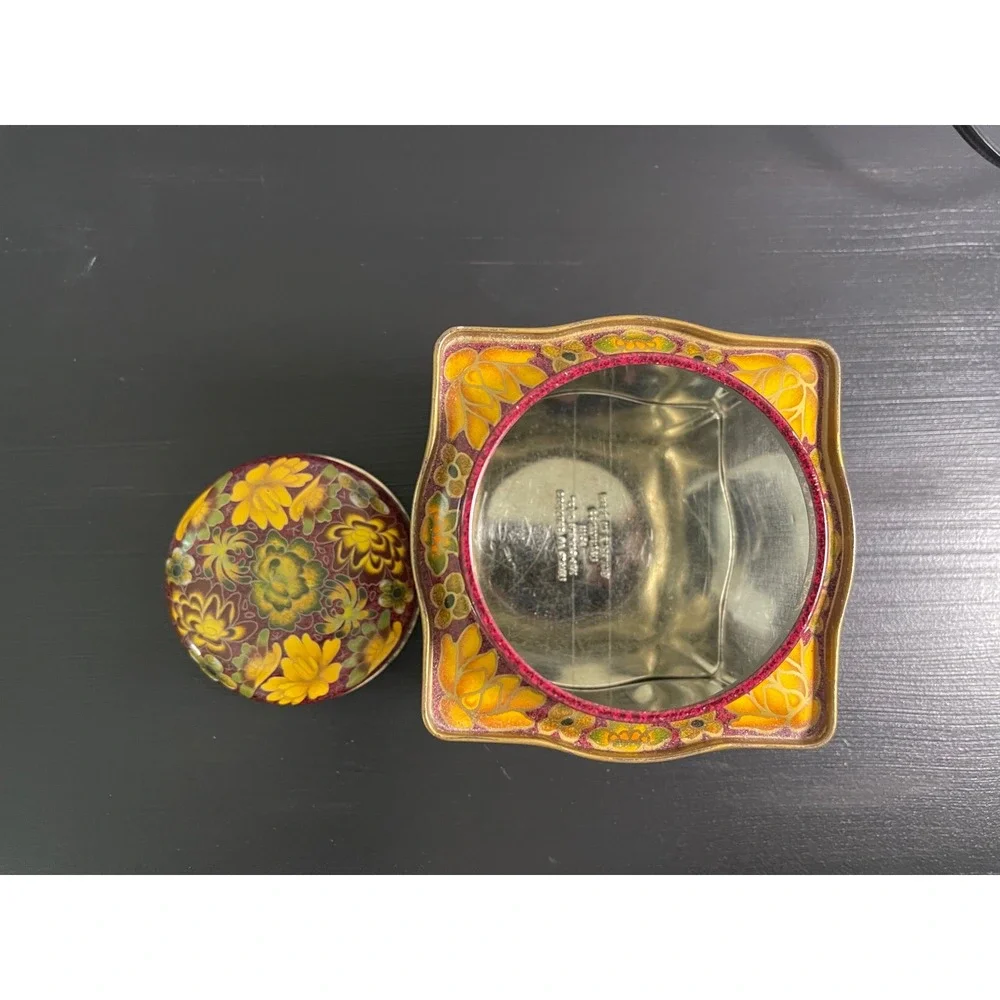 Vintage Daher Long Island NY Floral Tea Tin Made in England Burgundy Yellow 5in